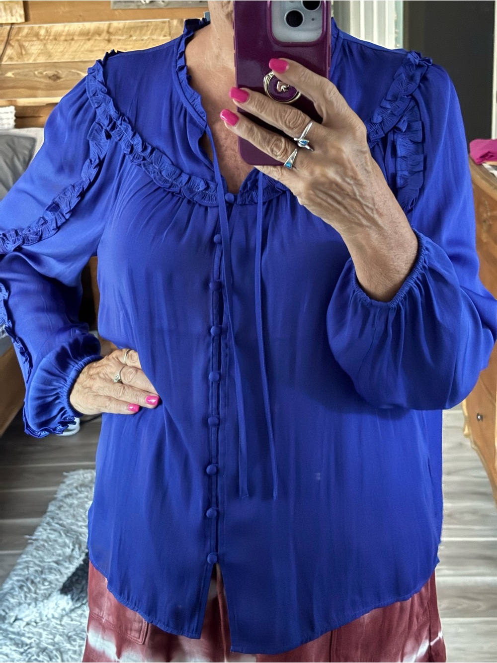 Loft Royal Blue Ruffled Button-Front Blouse